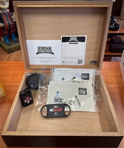 Humidor Starter Pack (No Cigars) - Includes a 20 Count Mahogany Humidor Supreme, an Integra 84% Seasoning Pack, an Integra 69% Humidifier Pack, a Perfect Double Blade Cutter, and a Palio Torcia Single Flame Lighter