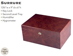 100 Count Surrure Humidor - Include Lock and Key, Humidifier, Hygrometer, and Tray. 13½”W x 9”D x 6”H